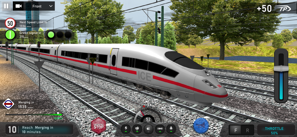 Euro Train Sim 2 - Gameplay screenshot of Euro Train Sim 2 featuring a silver ICE high-speed train on a track with a detailed control interface.