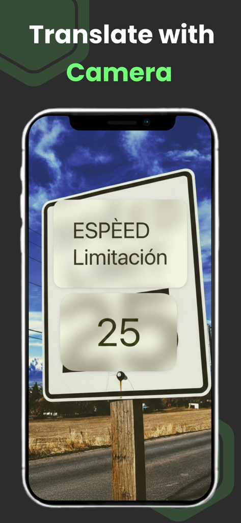 Real Time Translator -RTT Live - iPhoneにリアルタイム翻訳カメラ機能が表示され、道路標識をリアルタイムで翻訳しています。