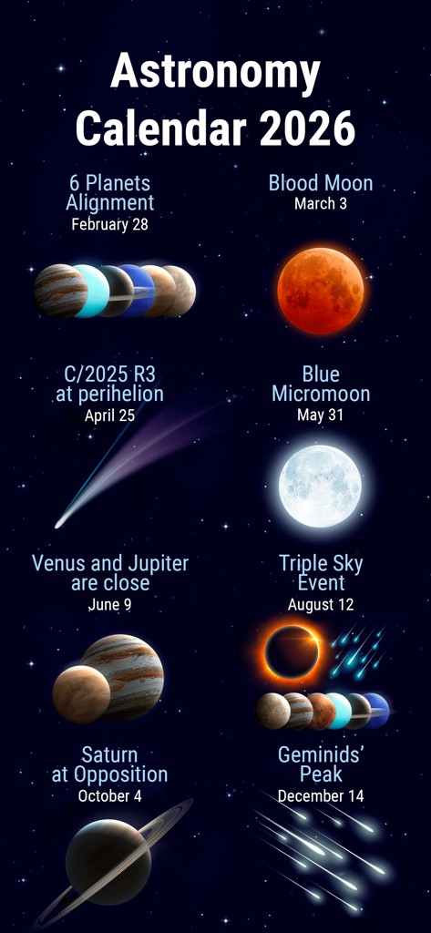An astronomy calendar for the year 2026 displaying major celestial events like planet alignments, a blood moon, and meteor showers.