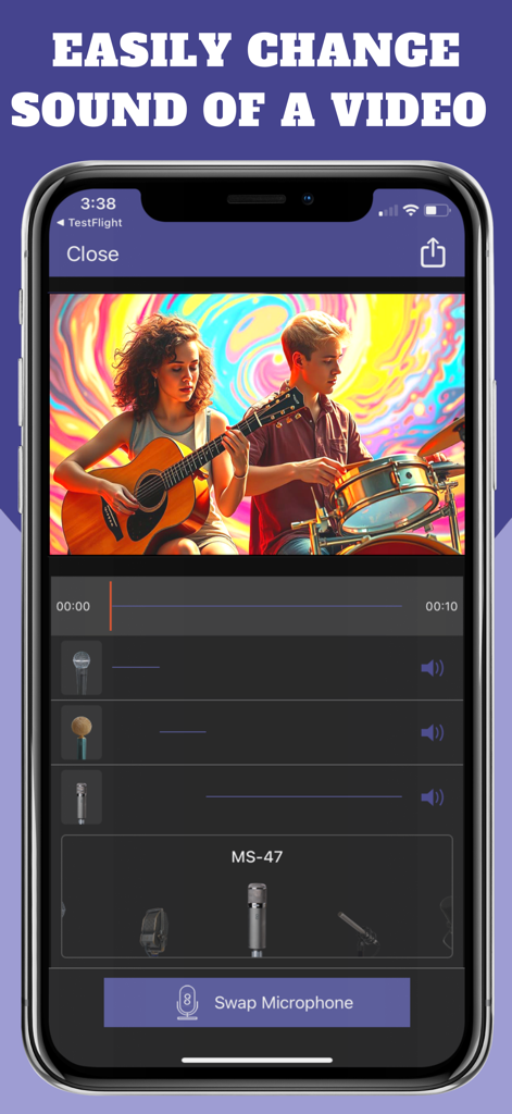 MicSwap Video Pro Audio Editor - MicSwap Video Pro app interface showing the microphone swap feature on a music video clip