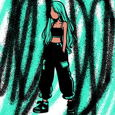 girl in baggy pants crop top and long hair