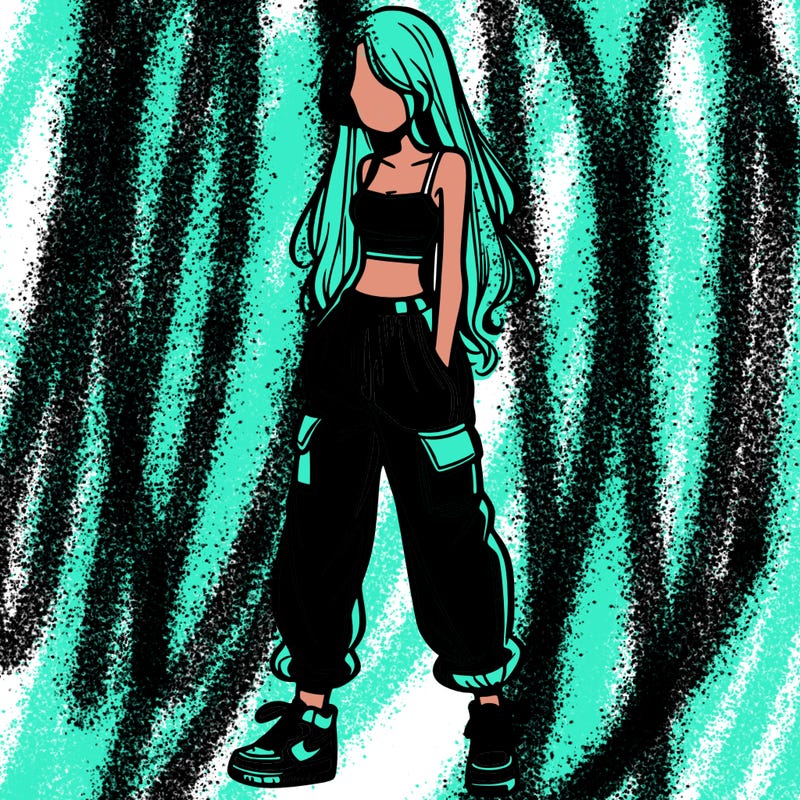 girl in baggy pants crop top and long hair