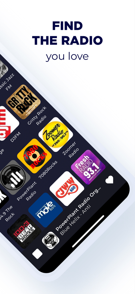 Interfaz del reproductor de Radio Canada Live FM que muestra una selección de estaciones de radio canadienses.