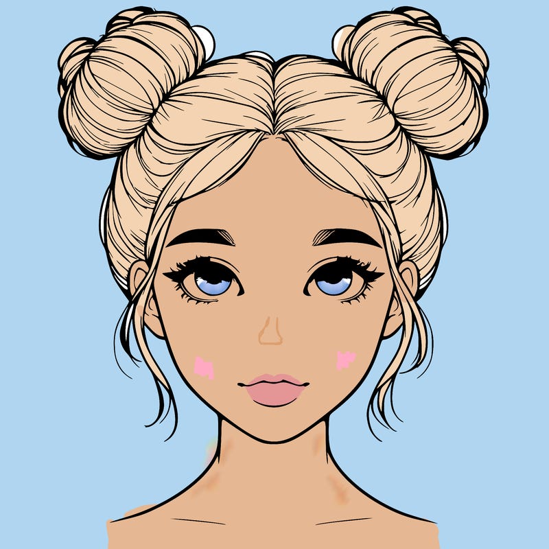 realistic girl with two buns on top of her head