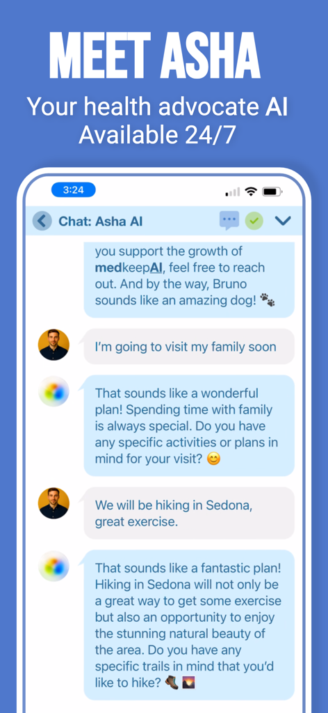 medkeepAI - medkeepAI chat screen showing a conversation with Asha the 24/7 AI health advocate