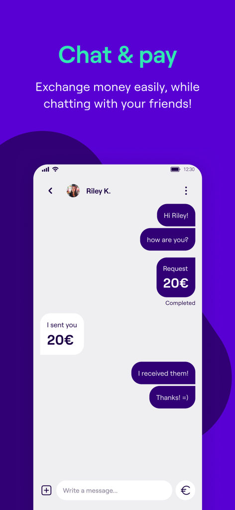 Une capture d'écran de l'interface de l'application payzy montrant une fenêtre de chat avec un transfert d'argent peer-to-peer de 20 euros.