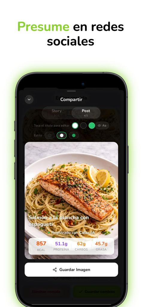 Calor.IA: Contador de Calorías - Interface of the Calor.IA app showing how to create and share a food photo with calorie and macro data for social media