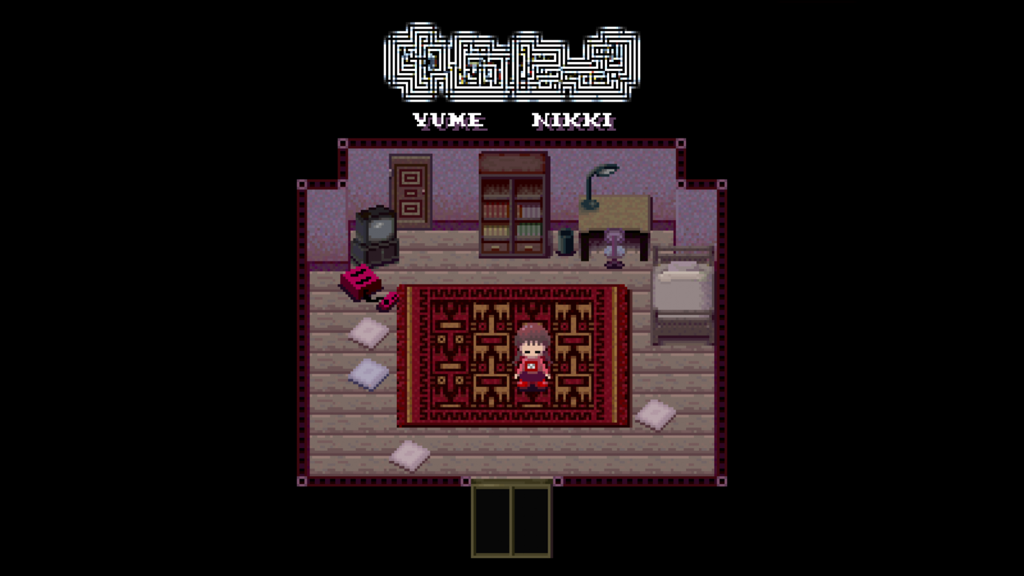 Yume Nikki - A pixel art screenshot of Madotsuki standing in her room with the Yume Nikki title logo at the top.