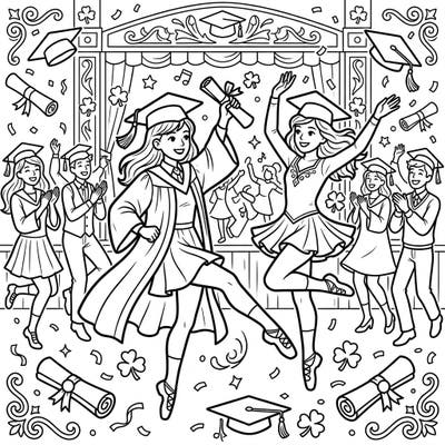 Commemorate a momentous occasion with this unique coloring page, blending the festive spirit of Graduation Day with the energetic beauty of Irish Stepdance. Watch as graduates dance with diplomas and caps, surrounded by cheering friends and celebratory confetti.