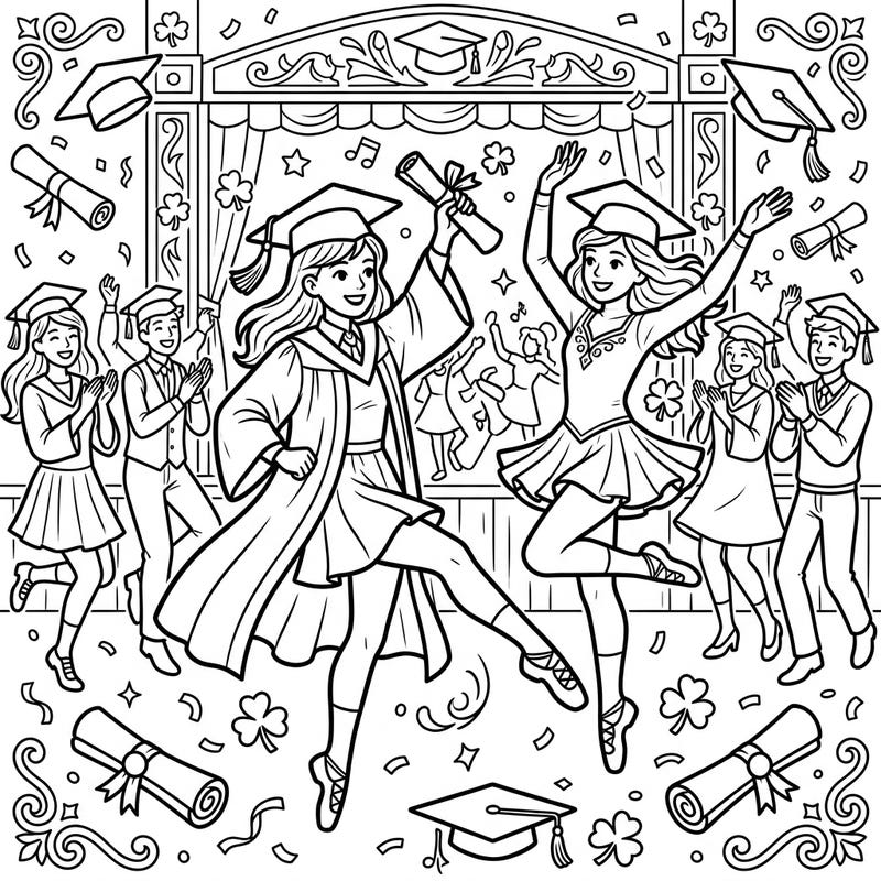 Commemorate a momentous occasion with this unique coloring page, blending the festive spirit of Graduation Day with the energetic beauty of Irish Stepdance. Watch as graduates dance with diplomas and caps, surrounded by cheering friends and celebratory confetti.