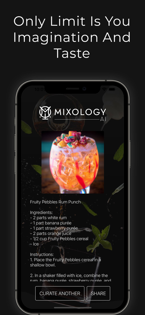 Mixology AI - Pantalla de la aplicación Mixology AI que muestra una creativa receta de Fruity Pebbles Rum Punch con ingredientes e instrucciones
