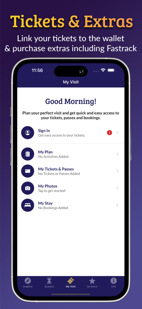 Tela do aplicativo Alton Towers mostrando opções de ingressos, passes e gerenciamento de carteira digital