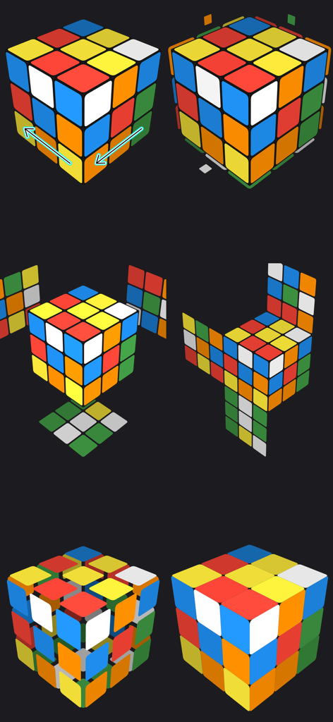 ASolver>I'll solve your puzzle - Modelos 3D que muestran los pasos de escaneo y rotación de un cubo mágico en la aplicación ASolver.