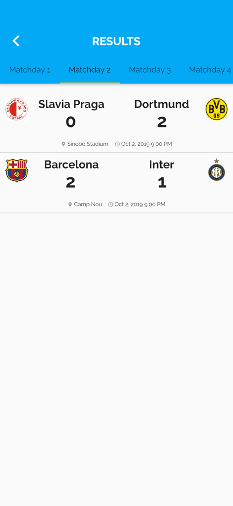 My Tournaments - 第2節のいくつかのサッカーの試合のスコアを示すトーナメント試合結果画面