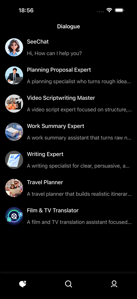 Seekee AI ChatBot - Una lista de agentes de IA preestablecidos en la aplicación Seekee AI ChatBot, incluyendo SeeChat, Experto en Escritura y Planificador de Viajes.