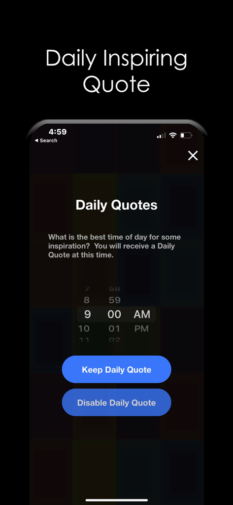 Quotes” Daily Inspiration - Una pantalla en la aplicación Quotes que permite a los usuarios programar una hora para recibir notificaciones inspiradoras diarias.