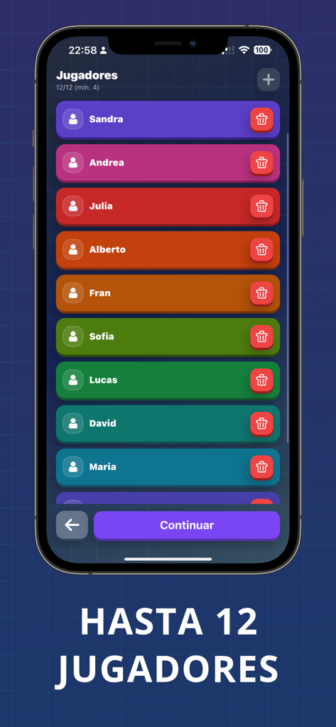 Interfaz de la aplicación SuspectGuess mostrando un lobby con una lista de 12 jugadores y un botón de continuar.