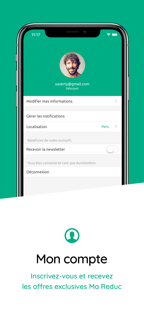 Ma Reduc - User account and profile settings screen of the Ma Reduc discount app