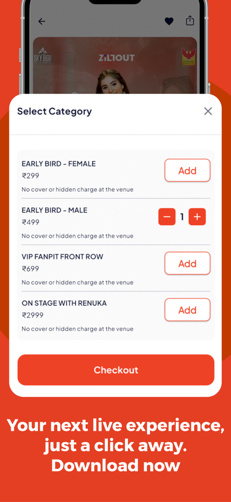 Ticketgenie App - Ticketgenie mobile app screen showing different ticket categories and pricing options for an event.