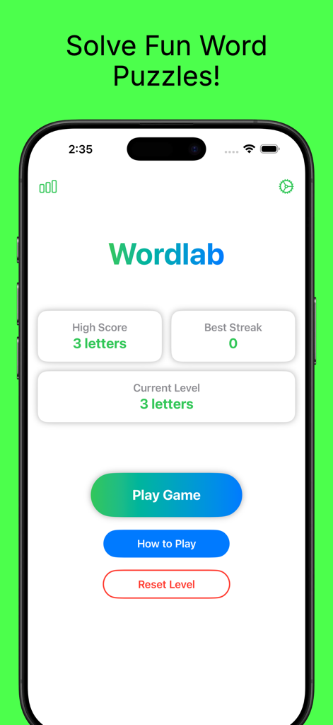 Wordlab Word Game - Main menu screen of the Wordlab app showing game statistics and play button