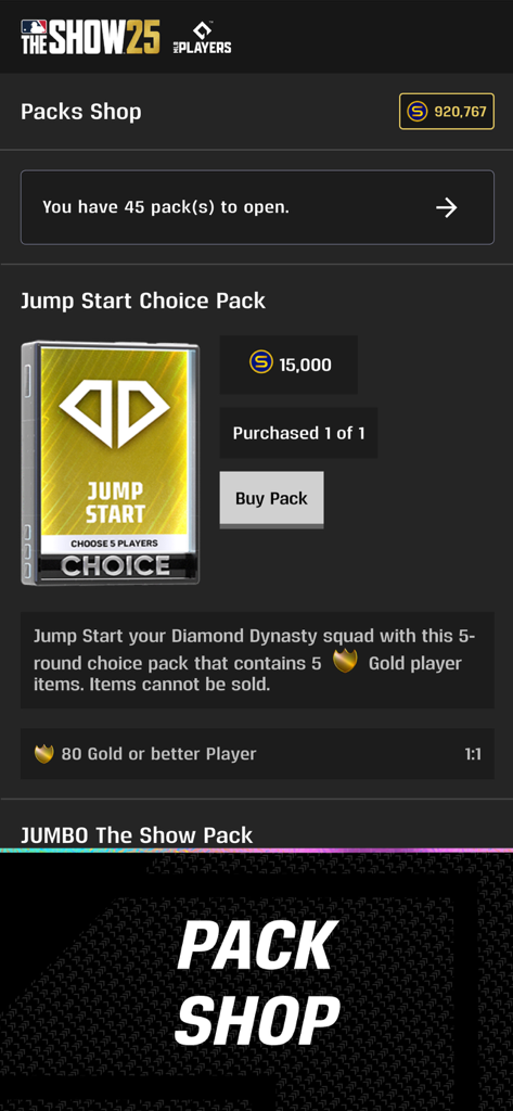 Packs Shop interface in the MLB The Show Companion App featuring a Jump Start Choice Pack and in-game currency.