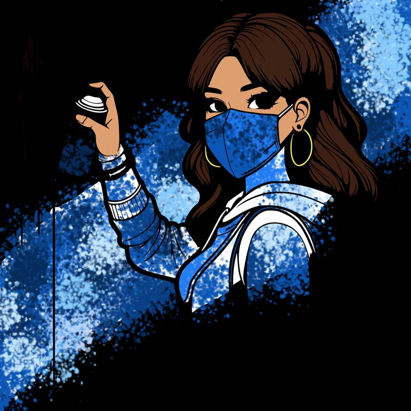 realistic girl with mask spray painting a wall