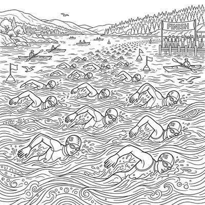 Dive into the exhilarating world of open water swimming with this captivating coloring page, designed especially for teens. Immerse yourself in a thrilling race scene, complete with determined swimmers and a picturesque lakeside backdrop, promising hours of creative fun.