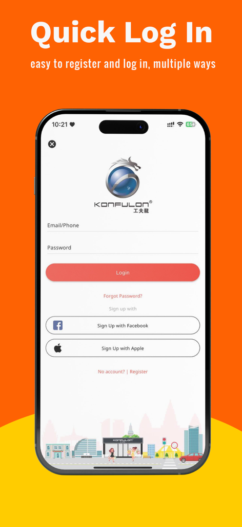 Konfulon Online - Login screen for Konfulon Online shopping app featuring social media and email sign in options