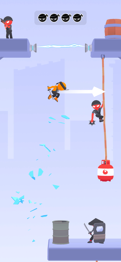 An orange ninja hero using a katana to slice through red enemies in a stylized platformer game level.