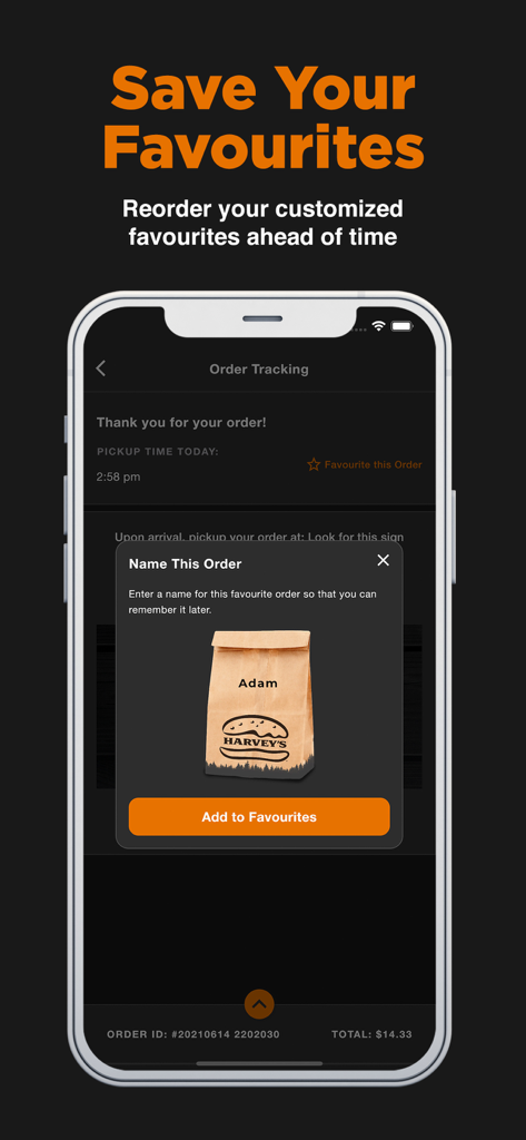Harvey's - Harvey's mobile app interface showing a popup to name and save a favorite customized order for quick reordering.
