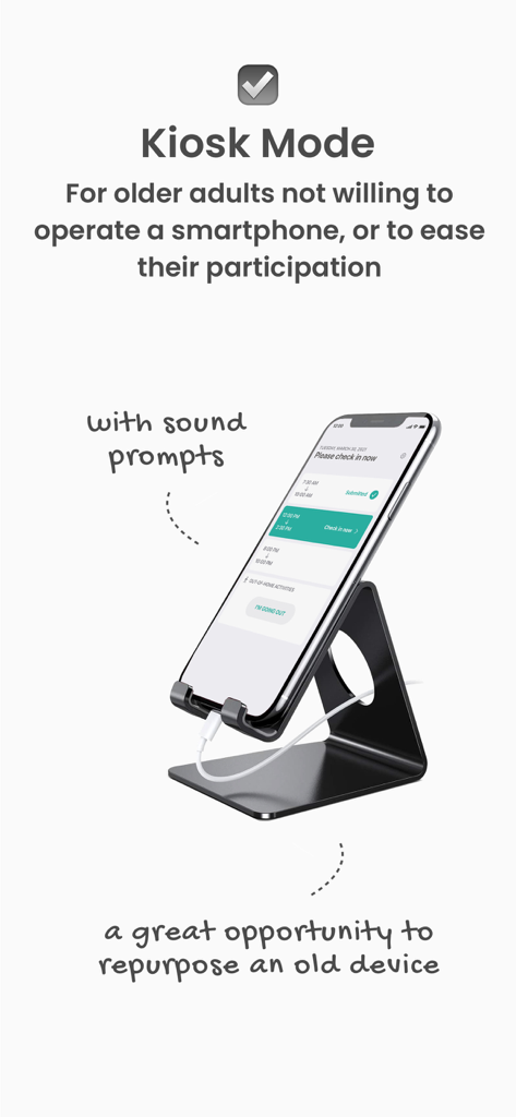 Dooinwell – Daily Check-in - Dooinwell app in Kiosk Mode displayed on a smartphone stand with sound prompts for senior check-ins