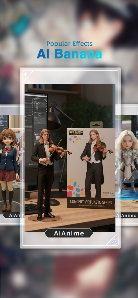 Anime AI - Interface do aplicativo Anime AI exibindo o efeito Banana AI transformando uma foto em um violinista realista em uma caixa de colecionador