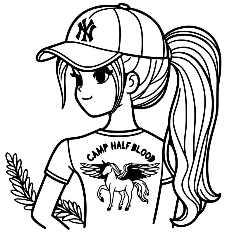 girl with yankees cap and a pony tail hair style wear and a t- shirt that says camp half blood with a horse with wings under the words
