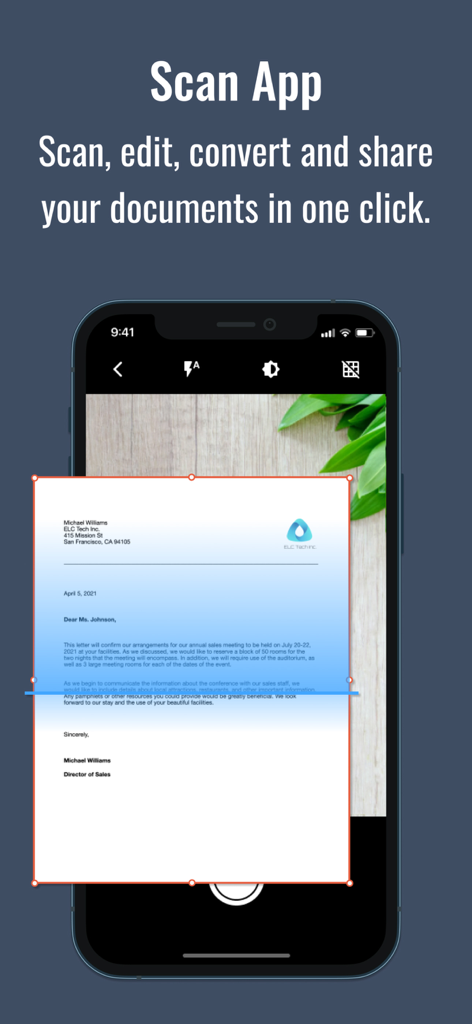 Document Scanner PDF Converter - Scan Fly app interface scanning a business document for conversion