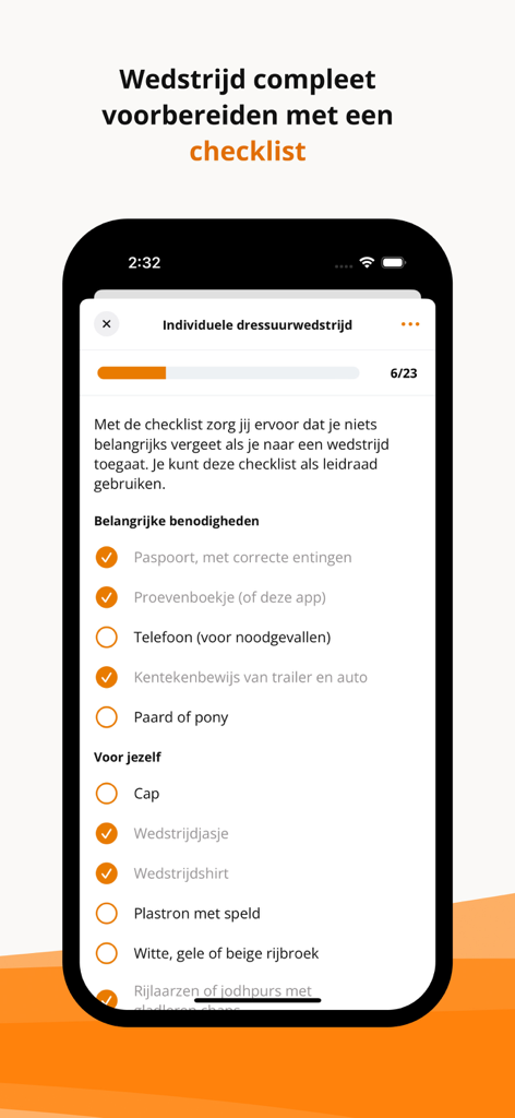 KNHS Dressuurproeven - Mobile app screen showing a competition preparation checklist for dressage riders