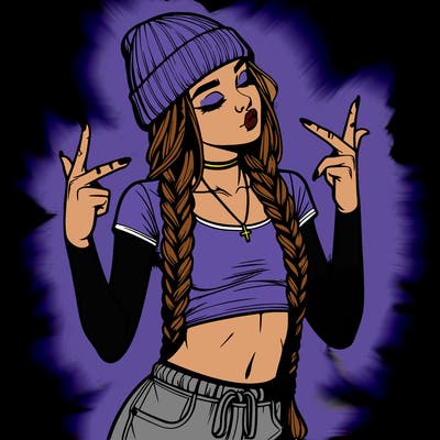 realistic teenage girl with braids and a beanie and crop top doing 🫶🏼