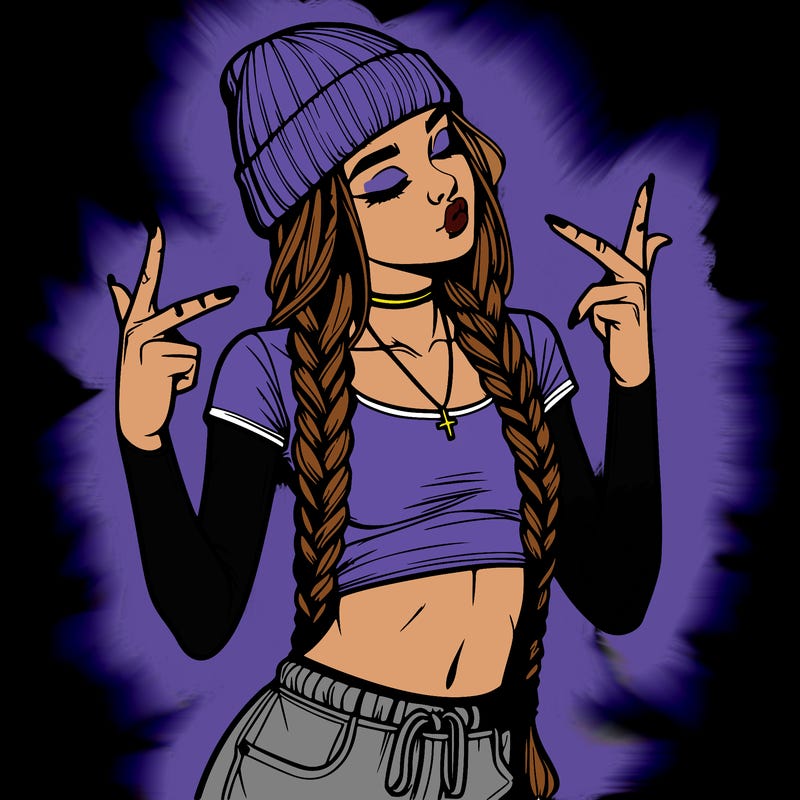 realistic teenage girl with braids and a beanie and crop top doing 🫶🏼