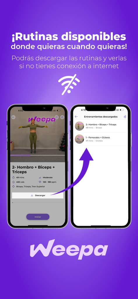 Weepa by Adriana Meaury - Dos pantallas de smartphone mostrando la función de descarga de rutinas sin conexión en la aplicación de fitness Weepa con fondo morado