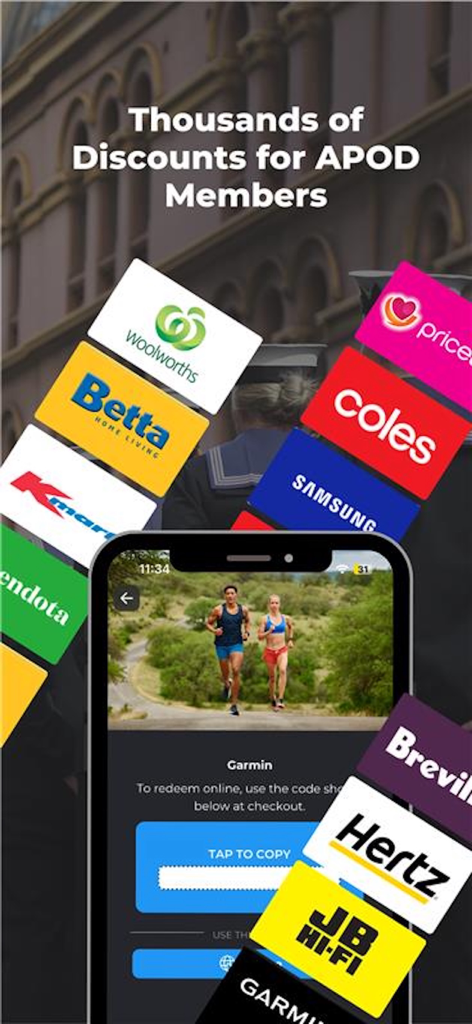 APOD - APODモバイルアプリのインターフェース、退役軍人および軍人家族向けのWoolworths、Coles、Samsungなどのブランドからの限定会員割引を表示