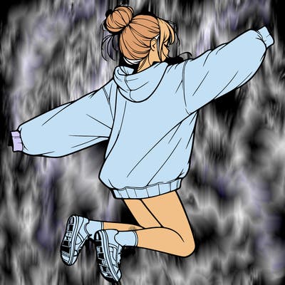 realistic girl jumping with a bun and oversized sweatshirt