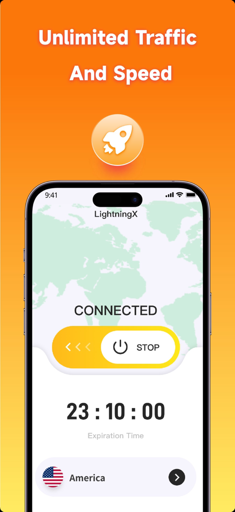 LightningX VPN interface showing a successful connection to a US server with unlimited traffic and speed