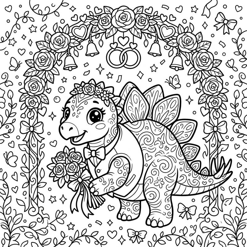 Get ready for a truly unique celebration with this adorable baby Stegosaurus wedding coloring page. This charming template features our little dino friend dressed for the big day, surrounded by romantic floral arches and elegant wedding motifs.