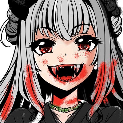 anime girl, vampire teeth,demon slayer themed, evil smile