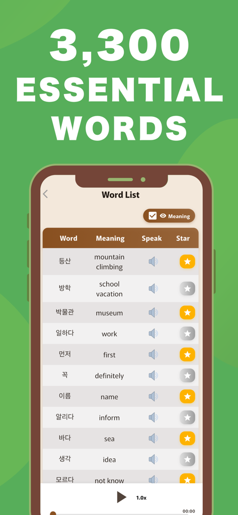 EPS-TOPIK Korean Vocabulary - 韓国語の語彙単語リスト画面、英語の意味とネイティブ音声アイコンが表示されている