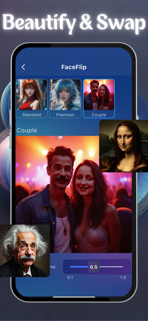 Aethia AI Photo & Video Editor - Interface do aplicativo Aethia AI mostrando a ferramenta FaceFlip para troca de rostos em fotos