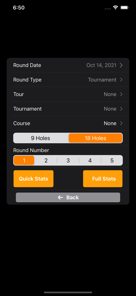 GameForge - Mobile app interface for setting up a golf round with options for tournament type and 18 hole tracking