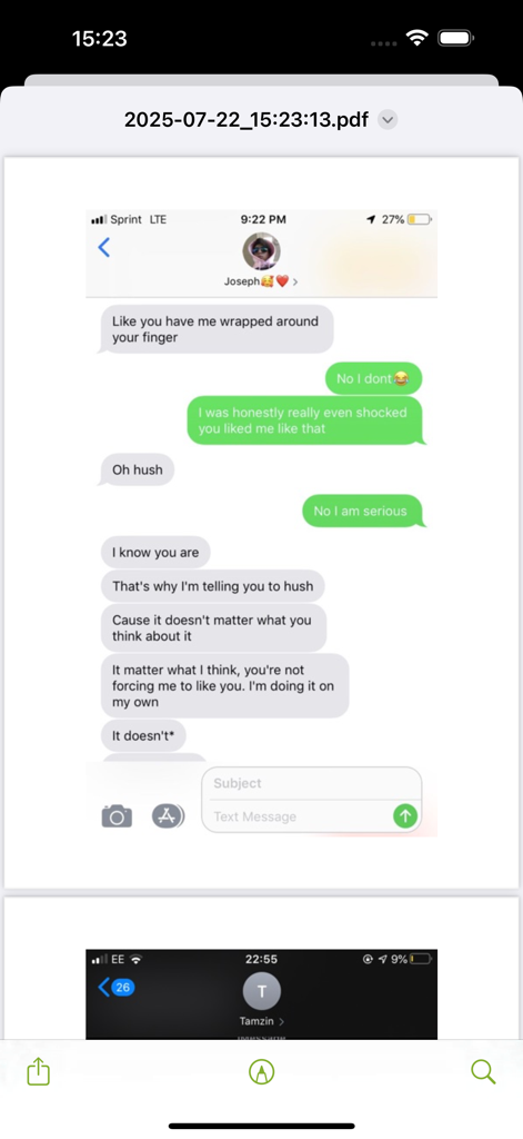Text message conversation exported to a PDF document for archiving.