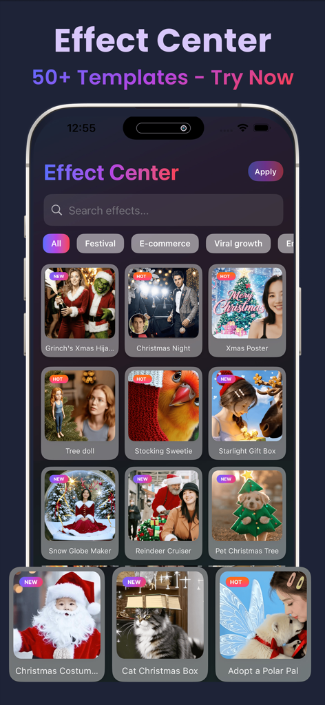 Écran de l'application Bing AI affichant des modèles et des effets photo festifs de Noël.