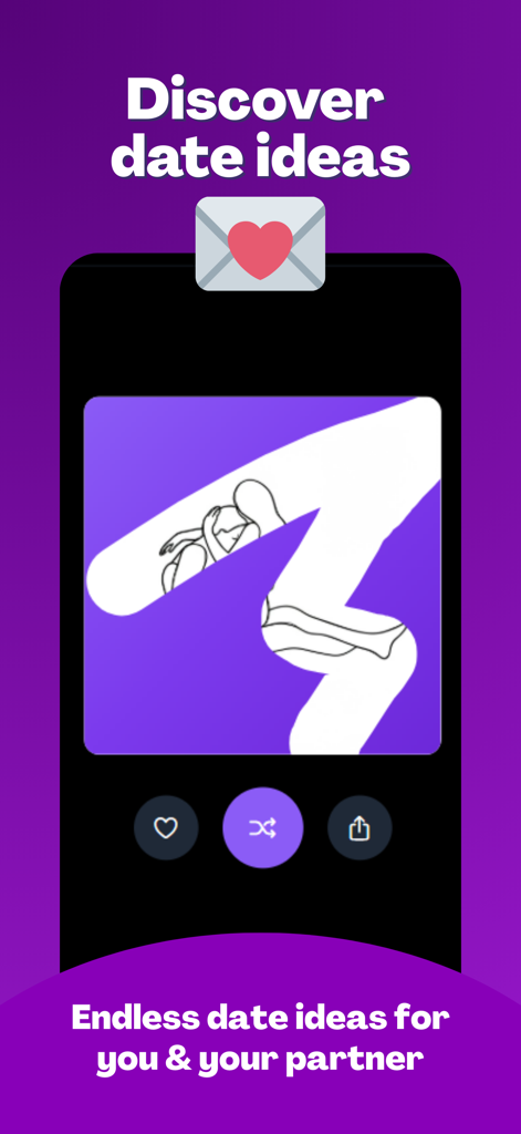 Captura de pantalla de la aplicación Shush mostrando una tarjeta digital de rasca y gana que revela una idea de cita romántica para parejas