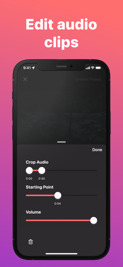 Mobile app interface showing audio editing tools including crop audio, starting point, and volume sliders.
